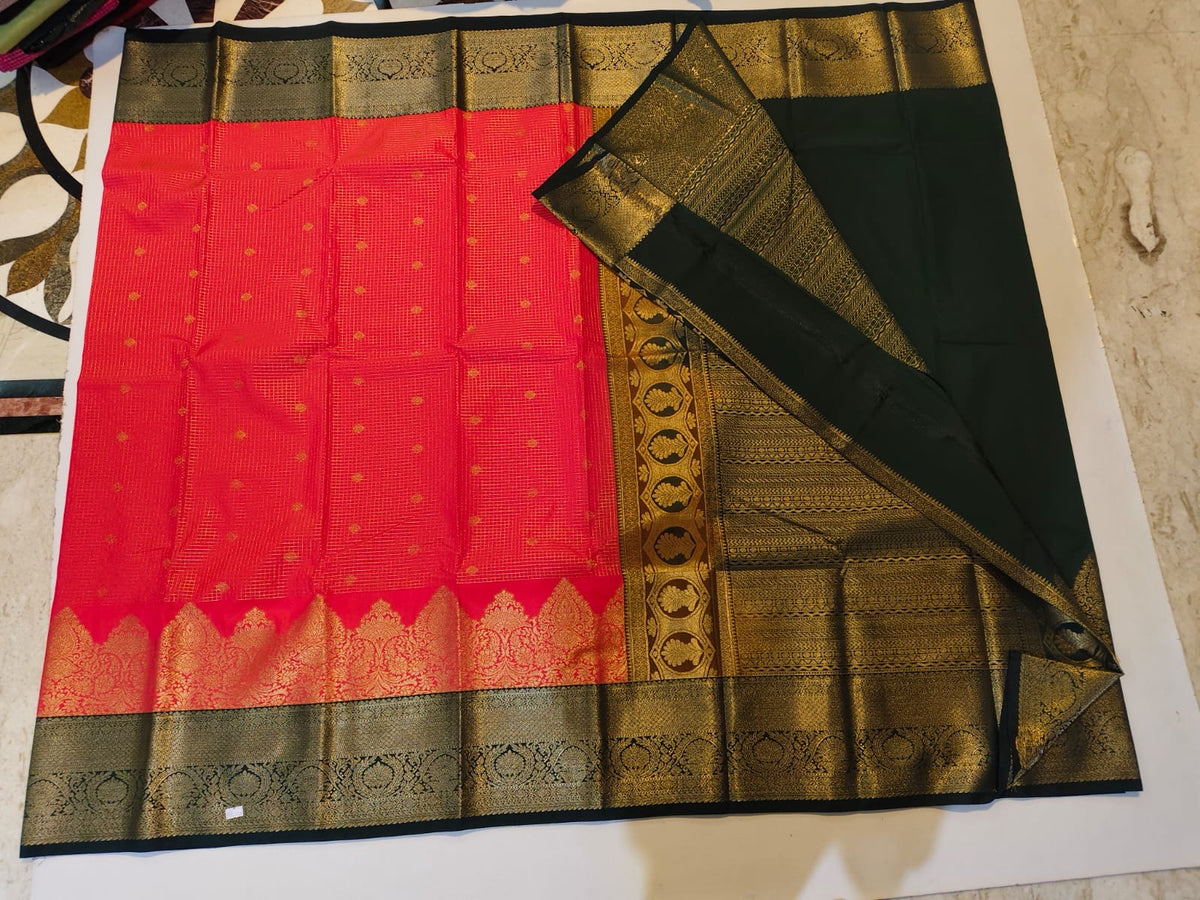 Coral Pink and Dark Green semi silk saree
