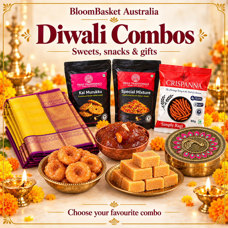 BloomBasket Diwali combos – traditional sweets, snacks, sarees and kitchen gifts