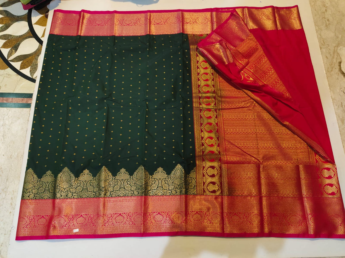 Forest Green and Red semi silk saree
