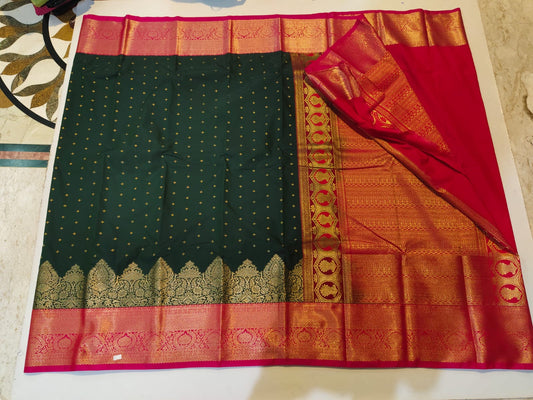Forest Green and Red semi silk saree