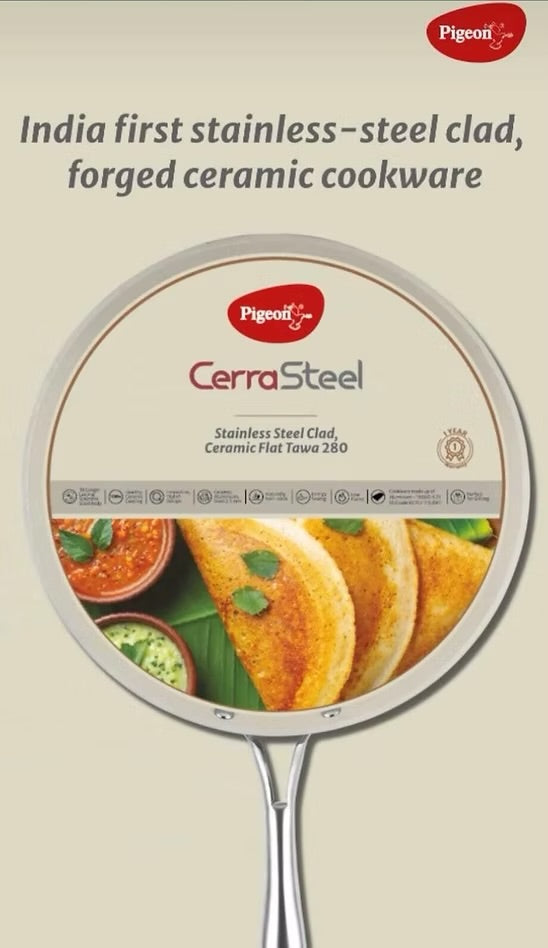 Pigeon CerraSteel Stainless Steel Clad Ceramic Flat Tawa 280 – Non Stick Dosa & Chapati Pan | Induction Compatible