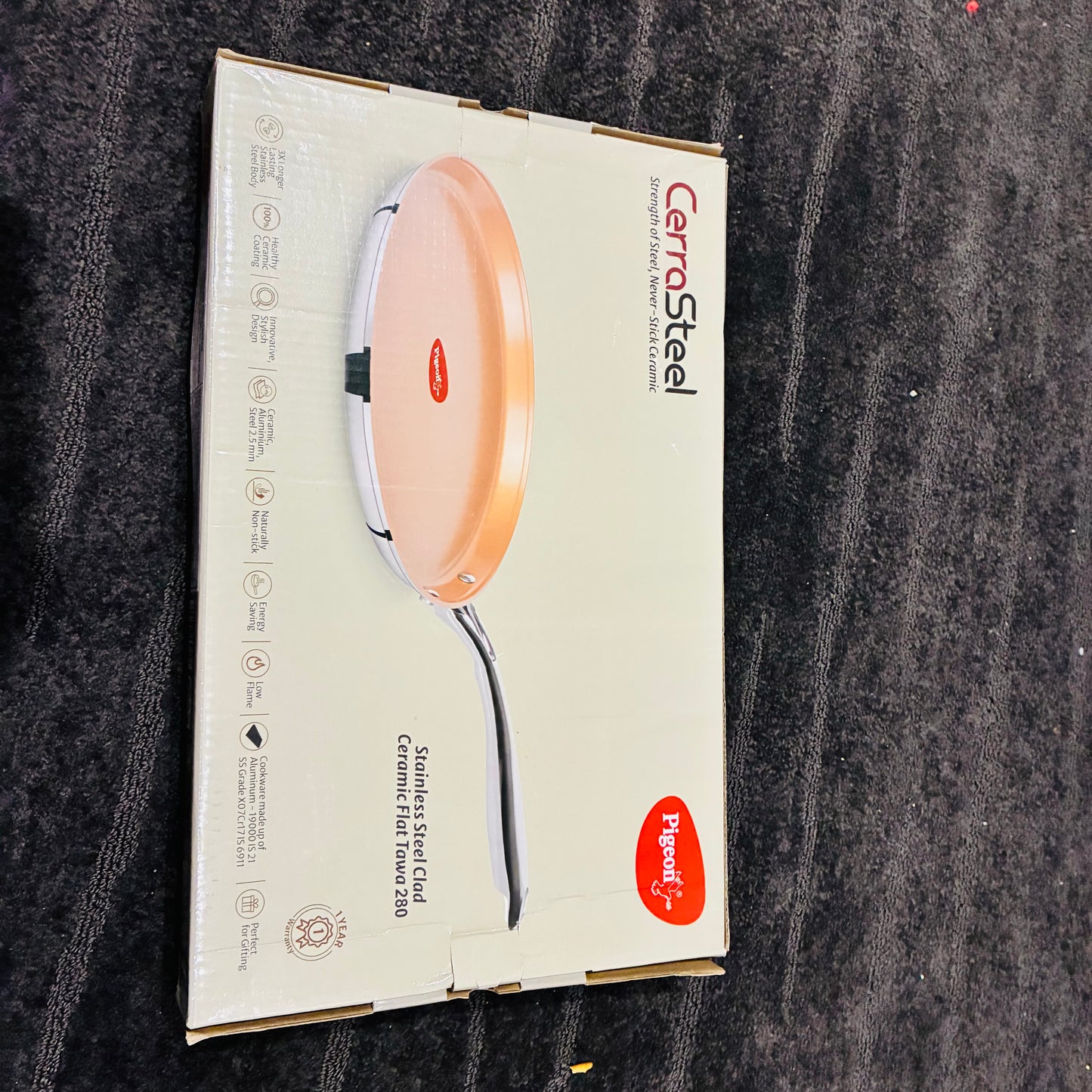 Pigeon CerraSteel Stainless Steel Clad Ceramic Flat Tawa 280 – Non Stick Dosa & Chapati Pan | Induction Compatible