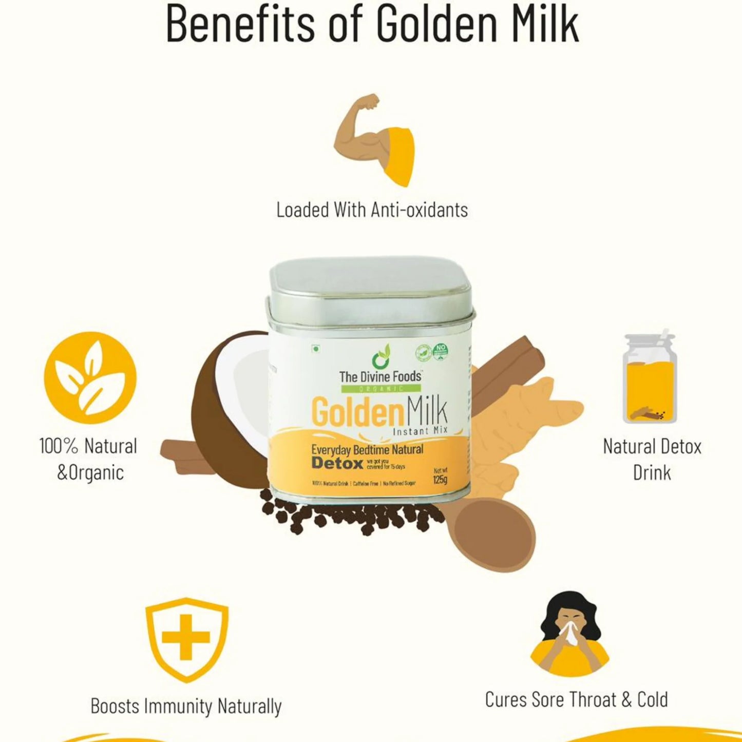 Organic Golden Milk Latte Powder 125g | Turmeric Curcumin Detox & Immunity Drink | Natural Wellness Blend