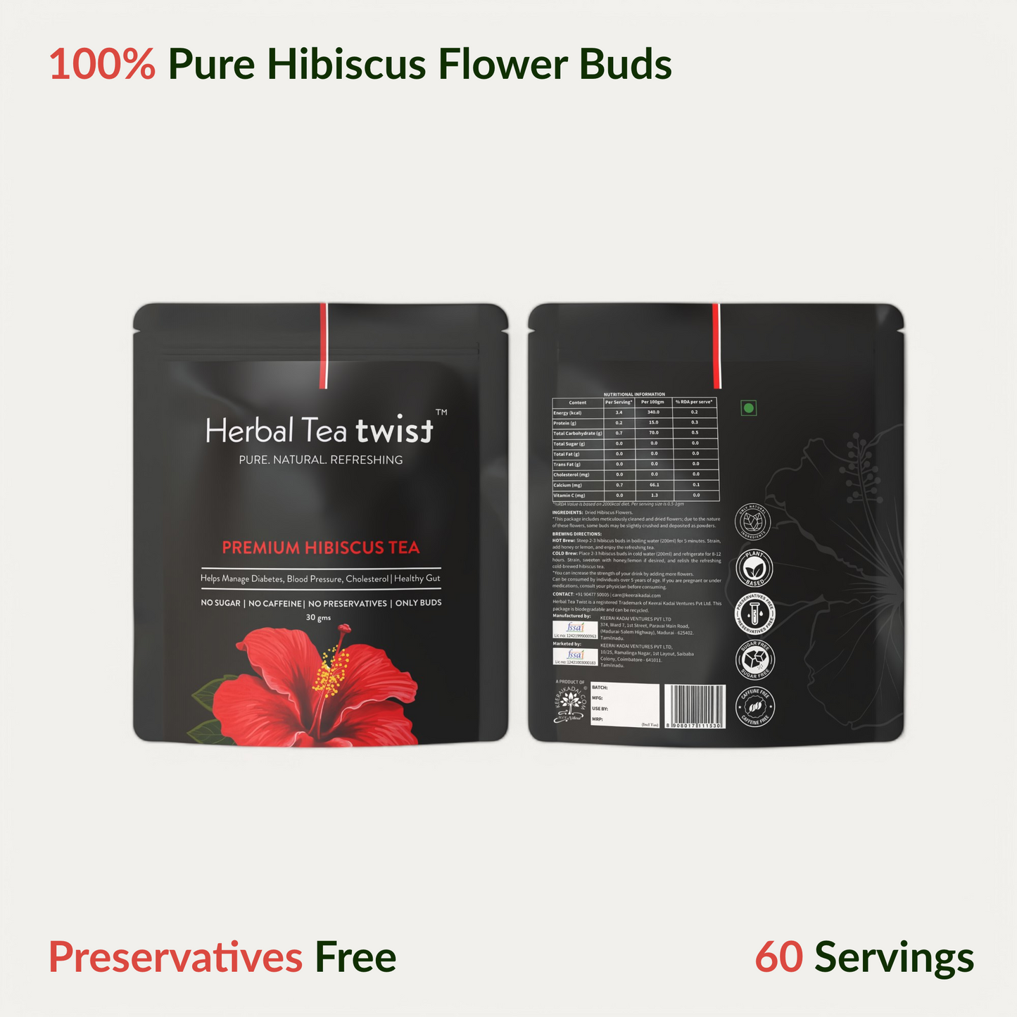 Premium Hibiscus Tea — Whole Buds (60 Servings)