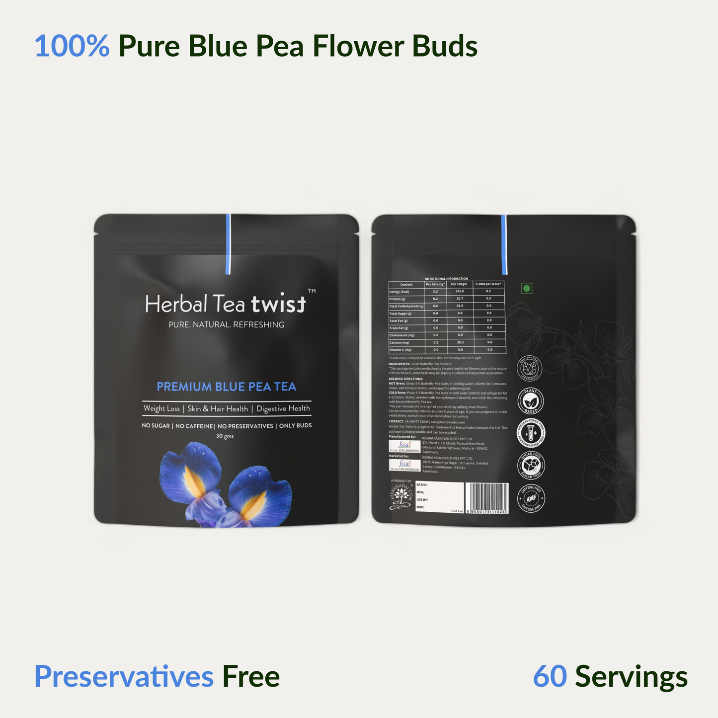 Premium Blue Pea Tea — Whole Buds (60 Servings)
