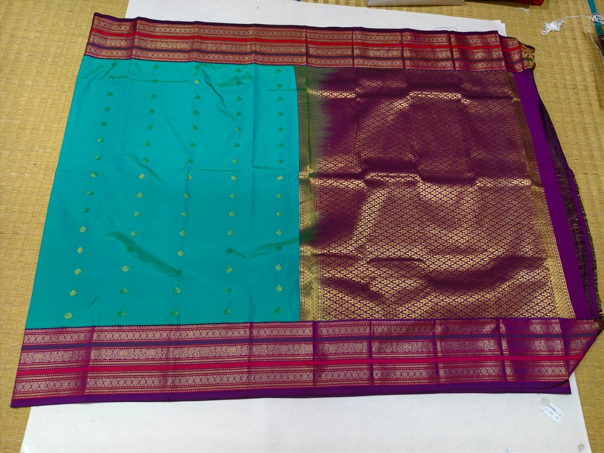 Aqua blue and purple gold border festive saree detail