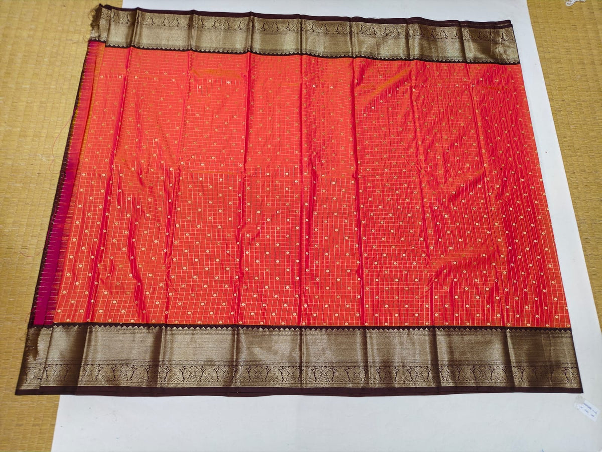 Coral orange and brown gold border festive saree