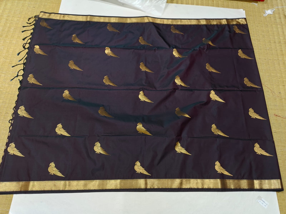 Deep brown parrot motif festive saree detail