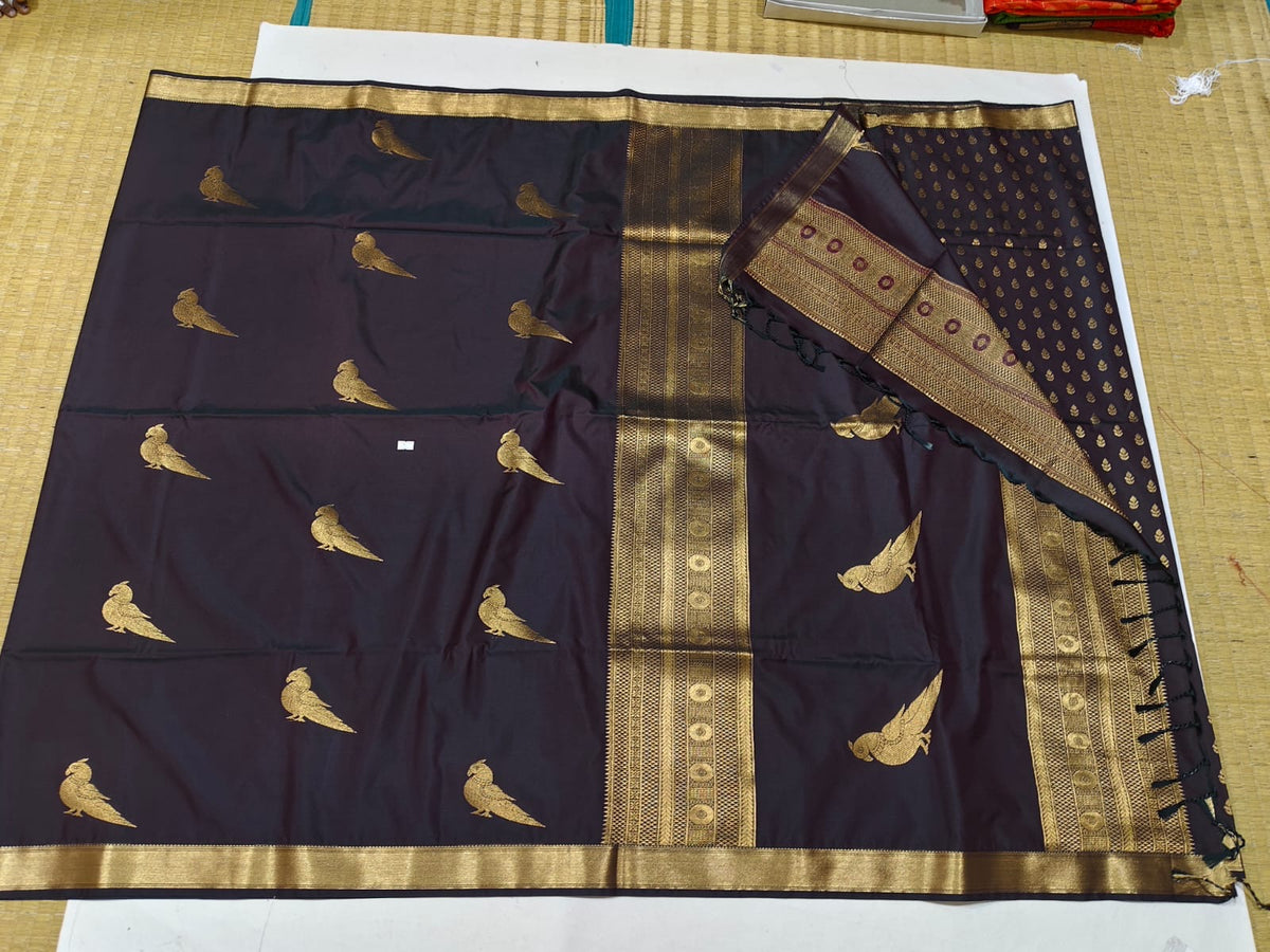 Deep brown parrot motif festive saree