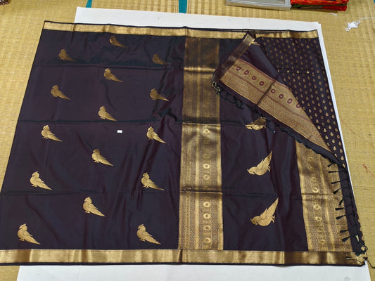 Deep brown parrot motif festive saree