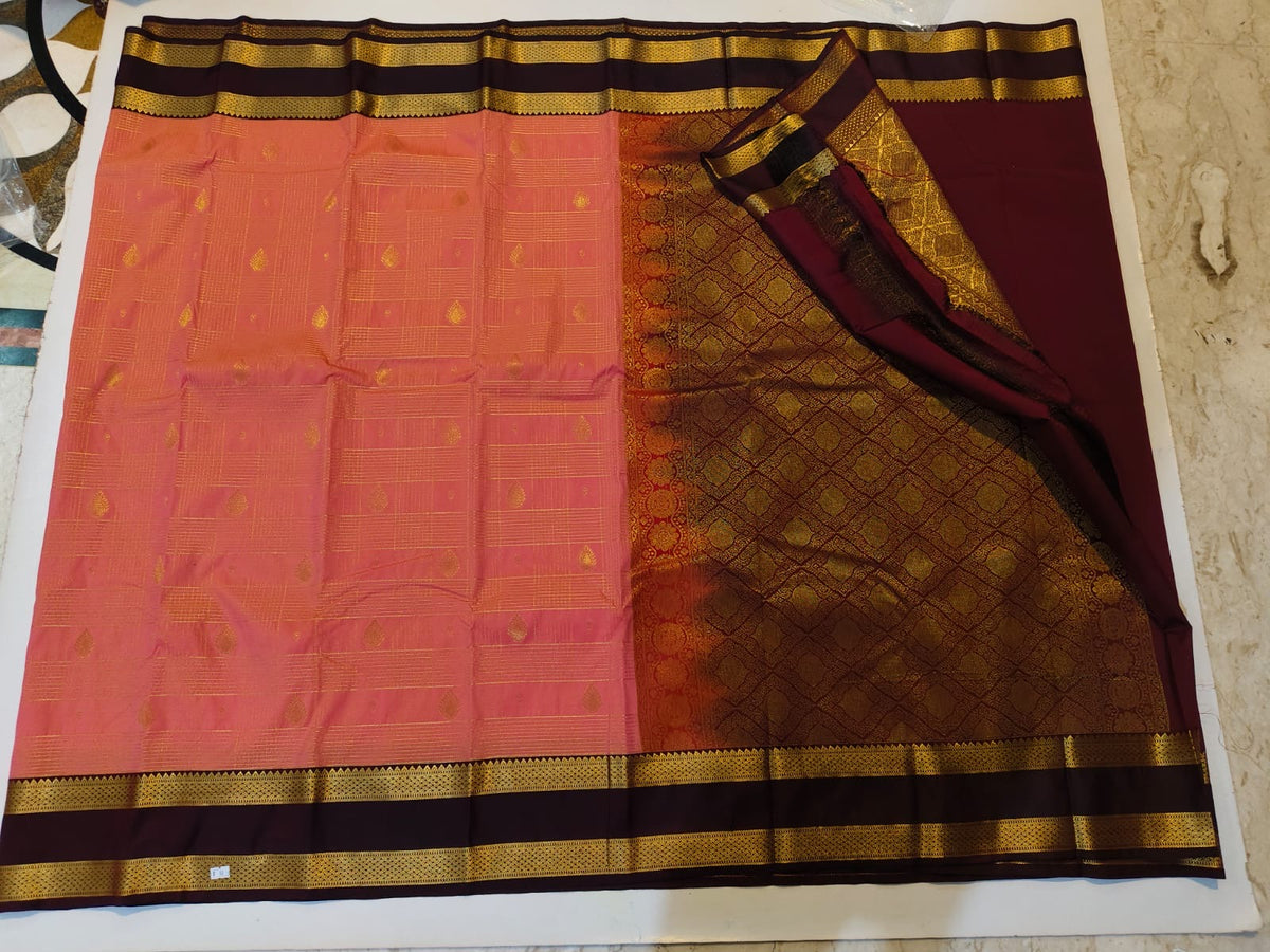Peach and Maroon semi silk saree