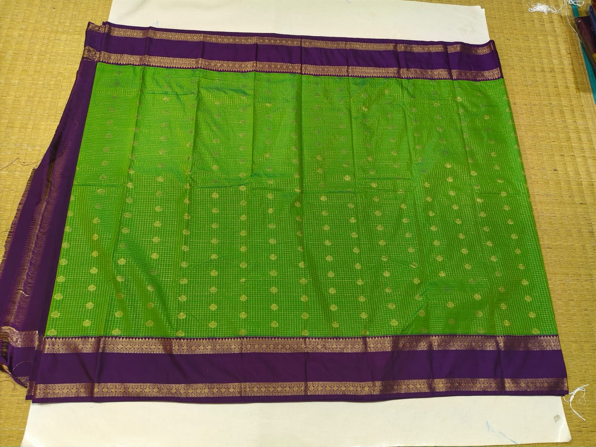Full view of lime green and purple semi-silk festive saree