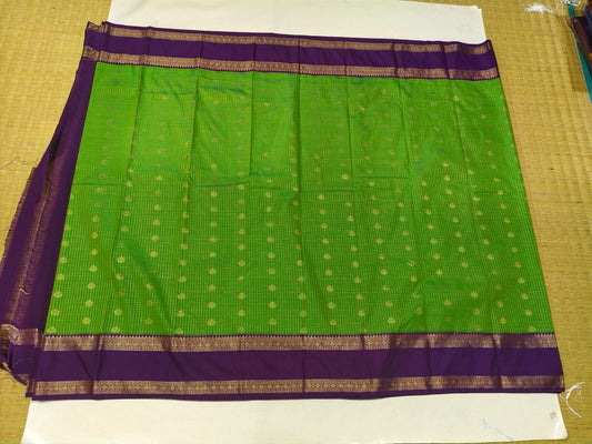 Full view of lime green and purple semi-silk festive saree