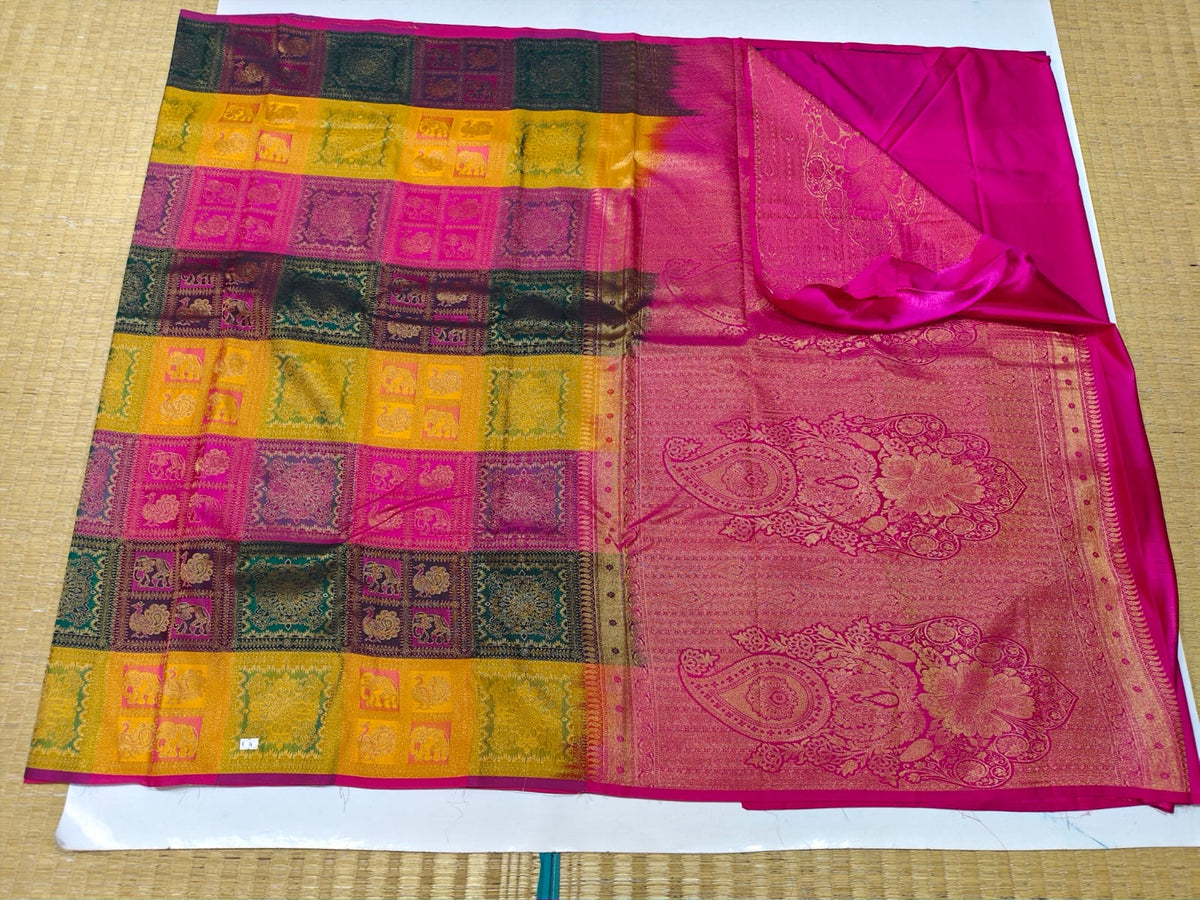 Multicolour elephant motif semi-silk festive saree with bright pink pallu