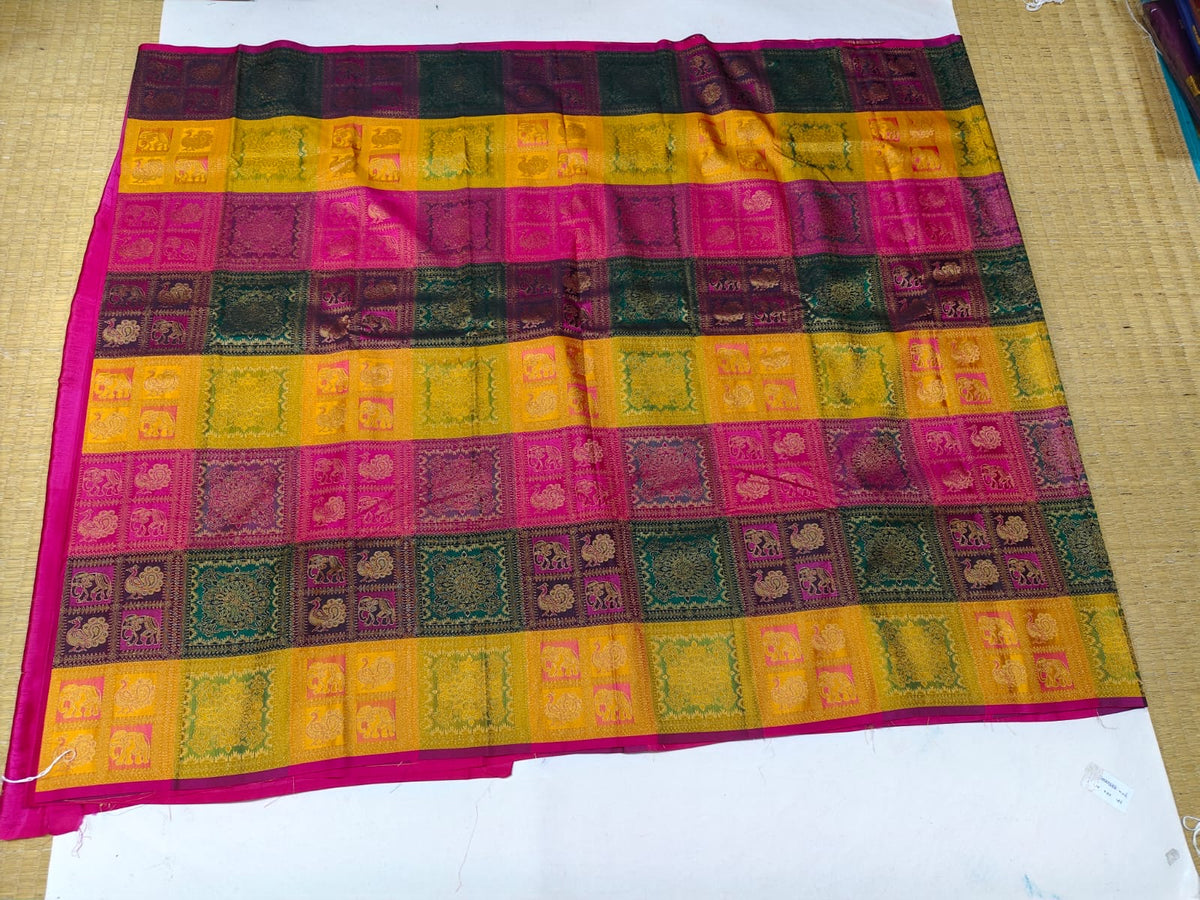 Full view of multicolour elephant motif semi-silk festive saree