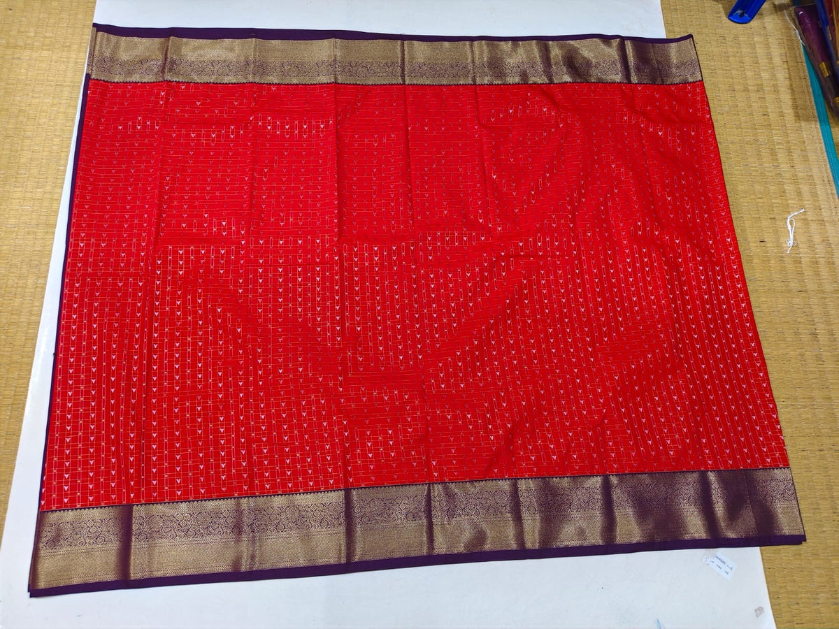 Full view of red and purple Ikat-style semi-silk festive saree