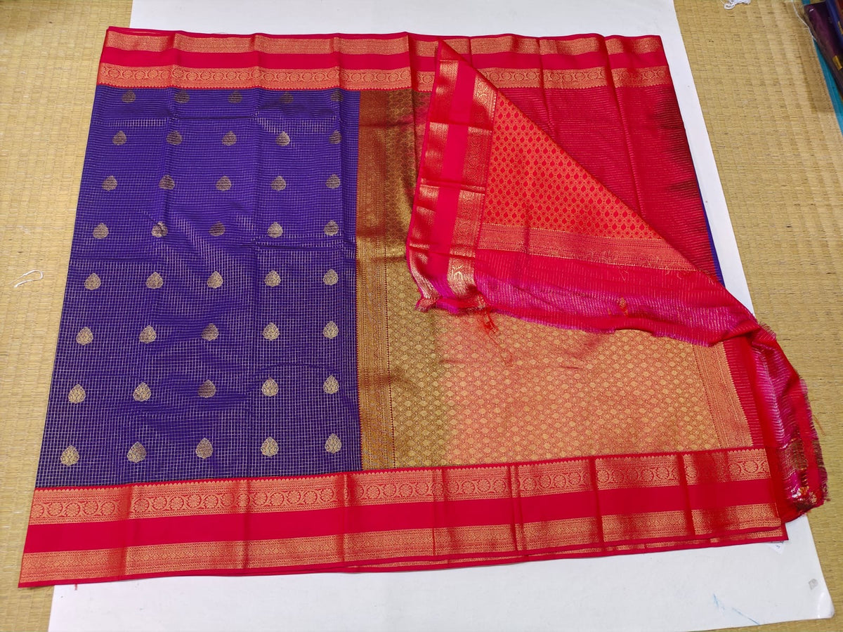 Royal blue and pink semi-silk festive saree with gold motifs and pallu