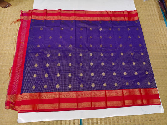 Full view of royal blue and pink gold motif semi-silk festive saree